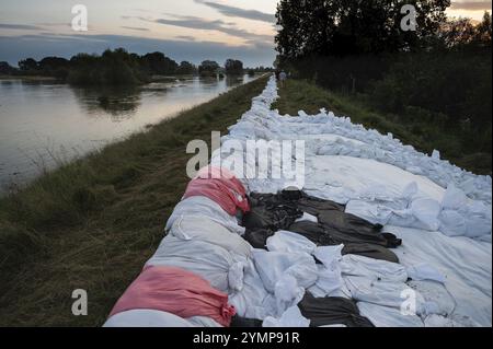 Rinforzo di argini fluviali con sacchi di sabbia, rischio di alluvione in Polonia Foto Stock