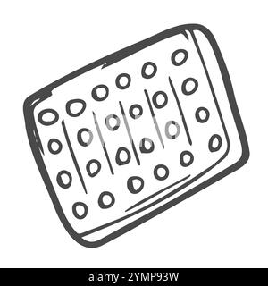 Illustrazione dello schizzo della blister delle pillole. Prodotto in farmacia. Scarabocchio nero di compresse rotonde e capsula. Illustrazione Vettoriale