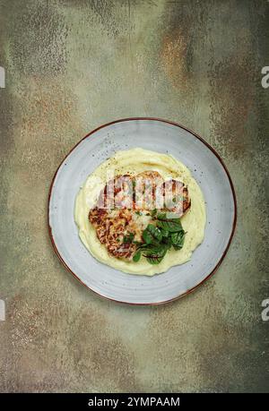Bistecca di cavolfiore, con purè di patate, spezie ed erbe aromatiche, fatta in casa, niente persone Foto Stock