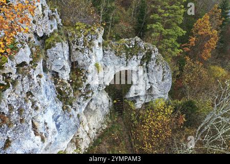 Il castello di roccia vicino a Gammertingen è un arco naturale in pietra. La formazione rocciosa è stata creata dall'erosione, rendendola una naturale impressionante Foto Stock