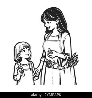 Madre e figlia trascorrono un po' di tempo prezioso acquistando generi alimentari, disegnando disegni in bianco e nero isolati su sfondo bianco. Carino cartone animato flat art Illustrazione Vettoriale
