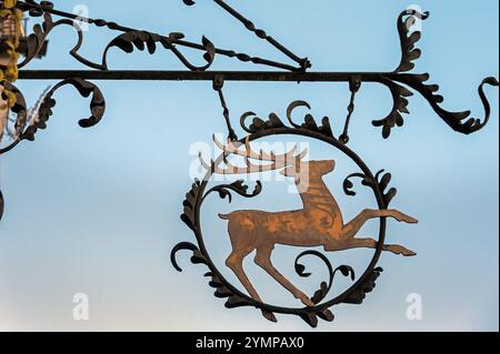 Insegna del naso con cervo dorato, centro storico, lago di Bad Forest, alta Svevia, Baden-Wuerttemberg, Germania, Europa Foto Stock