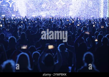 Folla di persone davanti al palco durante il concerto. Foto Stock