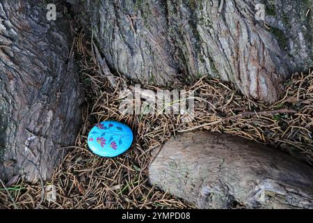 Sandford Holiday Park, vicino a Wareham, Dorset, Inghilterra. Ottobre 2024. Una pietra dipinta, fiore su sfondo blu. Foto Stock