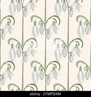 Elegante sfondo con motivo senza cuciture vettoriale di fiori snowdrop disegnati a mano. Delicato sfondo floreale con steli verticali e fiori. Botanica stilizzata Illustrazione Vettoriale