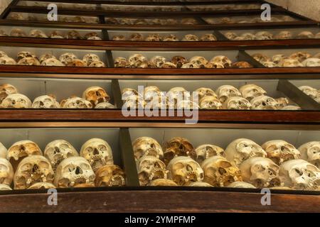 Statua scolpita di una donna che tiene suo figlio al memoriale Cheong Ek Killing Fields Foto Stock