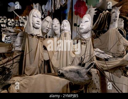 Glover, Vermont, U.S.A. 21 novembre 2024. Il museo Pane & Puppet espone sei decenni di striscioni, maschere, burattini, dipinti e grafica che sono stati creati per le produzioni e gli spettacoli di teatro di strada nel corso dei decenni. Fondata nel 1963, Bread & Puppet, una compagnia teatrale senza scopo di lucro, progressista e attivista, ha sede nel Vermont settentrionale sin dai primi anni '1970. (Credit Image: © Brian Cahn/ZUMA Press Wire) SOLO PER USO EDITORIALE! Non per USO commerciale! Foto Stock