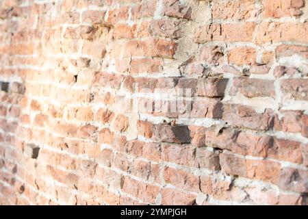 Primo piano di un vecchio muro di mattoni con Malta sbriciolata e mattoni danneggiati, creando uno sfondo rustico e testurizzato Foto Stock