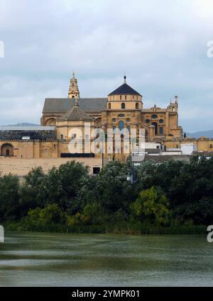 Moschea-Cattedrale di Córdoba dall'altro lato del fiume Quadalquivir a Cordoba, Spagna, 2024 Foto Stock