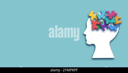 cervello con puzzle, autismo, perdita di memoria, demenza e consapevolezza alzheimer, concetto di giornata mondiale di salute mentale Foto Stock