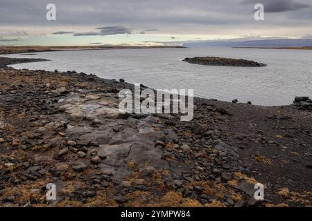 Acque calme del fiordo Hvammsfjordur. Pietre vulcaniche e rocce sul costo, insieme all'erba gialla autunnale. Cielo autunnale nuvoloso. Snaefellsnes, ovest Foto Stock