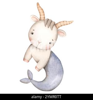 Acquerello zodiacale illustrazione disegnata a mano con capricorno. Carino carino cartoni animati per bambini. Illustrazione Vettoriale