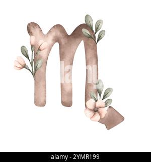 Acquerello zodiacale illustrazione disegnata a mano con simboli scorpione e foglie e fiori. Simbolo dell'oroscopo, la designazione dei segni zodiacali Illustrazione Vettoriale