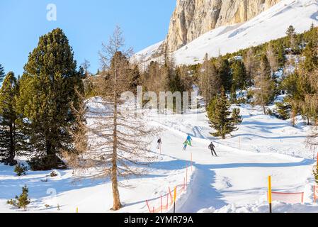 Gruppo di sciatori su una pista da sci nelle Alpi in una giornata invernale limpida Foto Stock