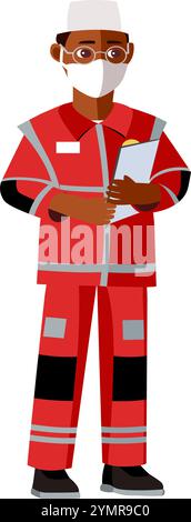 Paramedico in uniforme con maschera e lima in braccia in tecnica piatta, illustrazione vettoriale Illustrazione Vettoriale