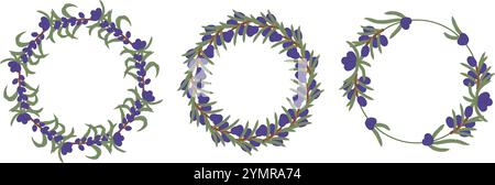 Cornici circolari decorate con rami di ulivo e frutti di bosco, che creano un design naturale ed elegante Illustrazione Vettoriale