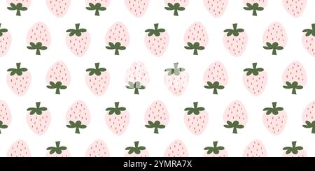 Un motivo senza cuciture caratterizzato da fragole rosa pastello con foglie verdi, ideale per stampe e decorazioni Illustrazione Vettoriale