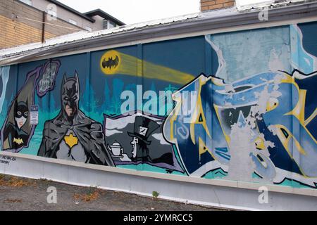 Murales Batman and Catwoman presso la fabbrica di pittura in Simcoe Street North nel centro di Oshawa, Ontario, Canada Foto Stock