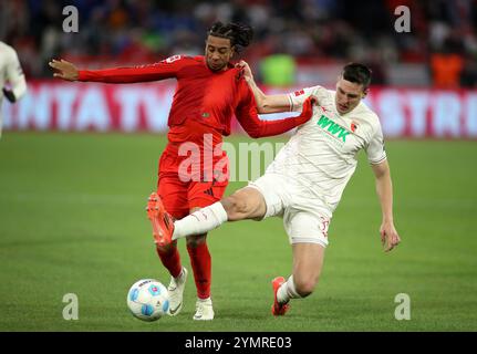 München, Deutschland, 22. Novembre 2024: Fussball, Herren, Bundesliga, Saison 2024/2025, FC Bayern München - FC Augsburg, Allianz Arena Michael Olise (FC Bayern München) (li.) mit Keven Schlotterbeck (FC Augsburg) (re.) Le normative im Zweikampf um den Ball, reingrätschen DFB, DFL vietano qualsiasi uso di fotografie come sequenze di immagini e/o quasi-video Foto Stock