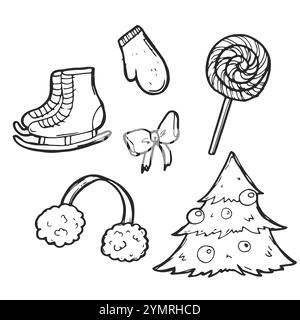 Set di scarabocchi invernali con scritta. Raccolta vettoriale disegnata a mano di elementi isolati Illustrazione Vettoriale