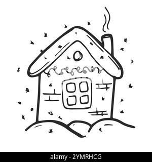 Casa casa contorno grafico adesivi di natale inverno foresta di abeti inverno linea allegra decor nero decorazione albero neve accogliente sera freddo caldo Illustrazione Vettoriale