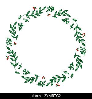Illustrazione festiva di una corona circolare fatta di foglie verdi e bacche rosse, vettoriale, spazio di copia Illustrazione Vettoriale