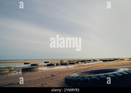 demolitori a onde realizzati con pneumatici usati posizionati lungo la spiaggia Foto Stock