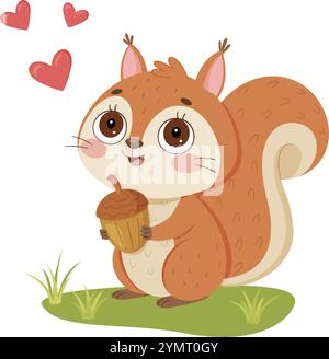 Uno scoiattolo carino con una ghianda. Adorabile animale della foresta. Personaggio di PET disegnato a mano stile piatto alla moda isolato. Illustrazione vettoriale Illustrazione Vettoriale