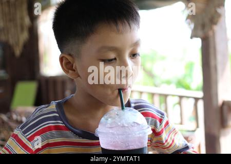 Un bambino sorseggia un drink vivace, sorseggiando una paglia in un ambiente accogliente all'aperto, catturando l'essenza della gioia e del relax dell'infanzia. Foto Stock