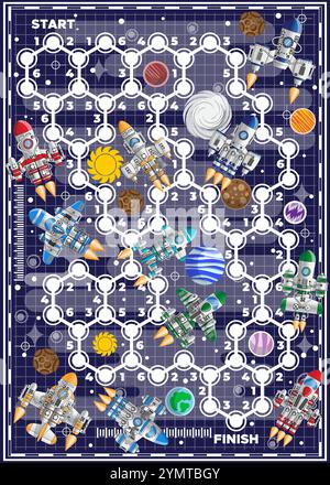 Viaggio spaziale. Gioco da tavolo sul tema spaziale. Su uno sfondo scuro. Illustrazione vettoriale. Illustrazione Vettoriale