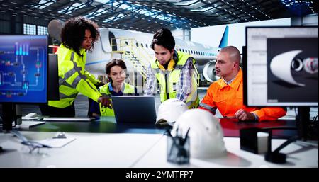 Diversi lavoratori che utilizzano computer riparazione e manutenzione di aeromobili in aeroporto Foto Stock