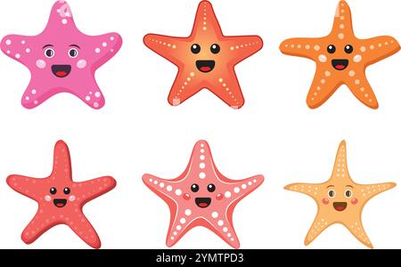 Simpatiche stelle marine sorridenti in stile piatto. Illustrazione vettoriale delle stelle marine su sfondo isolato. Concetto di business dei segnali animali marini. Illustrazione Vettoriale