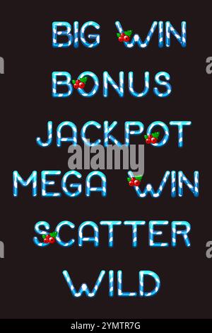 Set di parole slot - Vinci, Scatter, Wild, Bonus e Jackpot. Testo Candy Style per giochi 2D e casinò o slot machine. Elementi grafici per lo sviluppo di Illustrazione Vettoriale