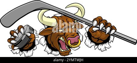 Mascotte di Hockey su ghiaccio Bull Minotaur Longhorn Cow Illustrazione Vettoriale