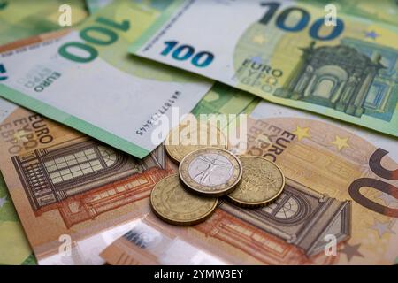 Euro-Münzen und Banknoten Nahaufnahme , Deutschland, 23.11.2024, Detailaufnahme von Euro-Münzen und Banknoten in verschiedenen Werten. Symbolisiert Finanzen, Wirtschaft und Europäische Währung. *** Primo piano di monete e banconote in euro , Germania, 23 11 2024, primo piano di monete e banconote in euro di diversi tagli simboleggia la finanza, l'economia e la moneta europea Foto Stock