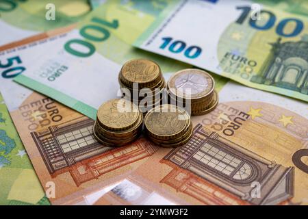 Euro-Münzen und Banknoten Nahaufnahme , Deutschland, 23.11.2024, Detailaufnahme von Euro-Münzen und Banknoten in verschiedenen Werten. Symbolisiert Finanzen, Wirtschaft und Europäische Währung. *** Primo piano di monete e banconote in euro , Germania, 23 11 2024, primo piano di monete e banconote in euro di diversi tagli simboleggia la finanza, l'economia e la moneta europea Foto Stock