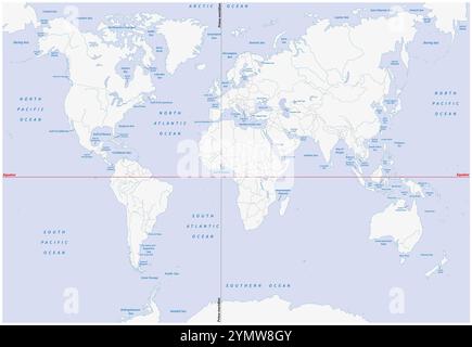 Mappa dettagliata degli oceani e dei continenti del mondo Foto Stock