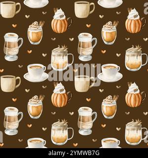 Caffè latte Macchiato, Pumpkin Spice Dalgona Coffee e altre bevande calde autunnali. Cibo ad acquerello con motivo senza cuciture su sfondo marrone scuro per un ambiente accogliente Foto Stock
