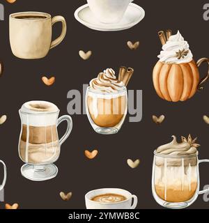 Caffè latte Macchiato, Pumpkin Spice Dalgona Coffee e altre bevande calde autunnali. Cibo ad acquerello motivo senza cuciture su sfondo scuro per un cucciolo confortevole Foto Stock