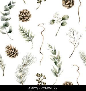 Coni di pino, eucalipto e rami di conifere. Piante forestali invernali. Motivo floreale acquerello senza cuciture su sfondo bianco per un design invernale, Cristo Foto Stock