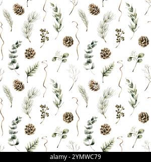 Coni di pino, eucalipto e rami di conifere. Piante forestali invernali. Motivo floreale acquerello senza cuciture su sfondo bianco per un design invernale, Cristo Foto Stock