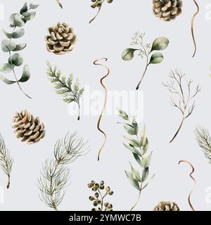 Coni di pino, eucalipto e rami di conifere. Foresta invernale. Motivo floreale acquerello senza cuciture su sfondo azzurro per un design invernale, Christma Foto Stock