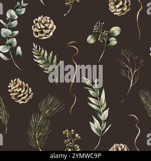 Coni di pino, eucalipto e rami di conifere. Piante forestali invernali. Motivo floreale acquerello senza cuciture su sfondo scuro per un design invernale, Christm Foto Stock