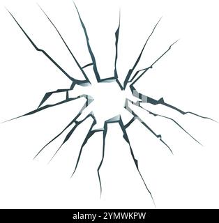 Crepe affilate che si irradiano verso l'esterno da un foro in un pannello di vetro rotto creando un'immagine drammatica e pericolosa di danni e distruzione sul bianco Illustrazione Vettoriale