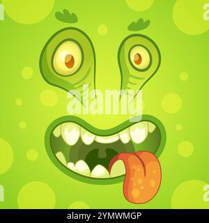 Simpatico cartone animato che raffigura un mostro verde scivoloso con occhi grandi e bocca aperta che mostra i denti e gli sporge la lingua Illustrazione Vettoriale