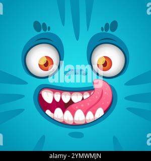 Illustrazione a cartoni animati di un divertente volto blu di mostro con occhi grandi, con la sua lingua, perfetto per halloween o progetti per bambini Illustrazione Vettoriale