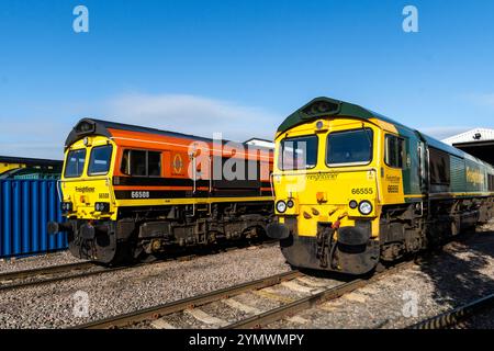 LEEDS, REGNO UNITO - 16 AGOSTO 2024. Modern Freightliner Ltd locomotive ferroviarie merci classe 66 presso il Midland Road Maintenance Depot in attesa di riparazioni dopo t Foto Stock