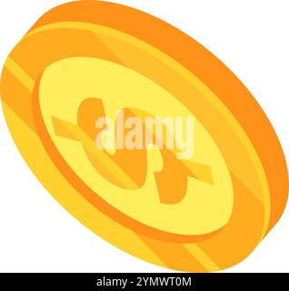 Moneta d'oro rotante con il simbolo della valuta in rilievo sulla superficie, vista da una prospettiva isometrica, creando un'impressione dinamica e preziosa Illustrazione Vettoriale