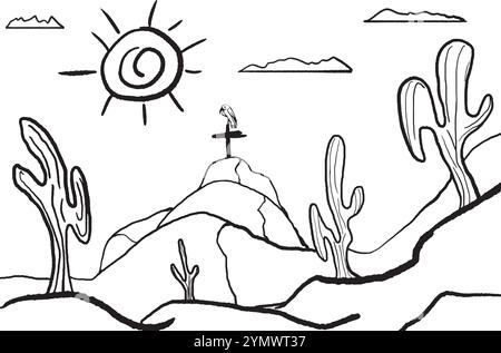 Immagine disegnata a mano di un avvoltoio su una croce in cima a una collina in un paesaggio desertico Illustrazione Vettoriale