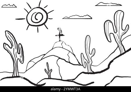 Immagine disegnata a mano di un avvoltoio su una croce in cima a una collina in un paesaggio desertico Illustrazione Vettoriale